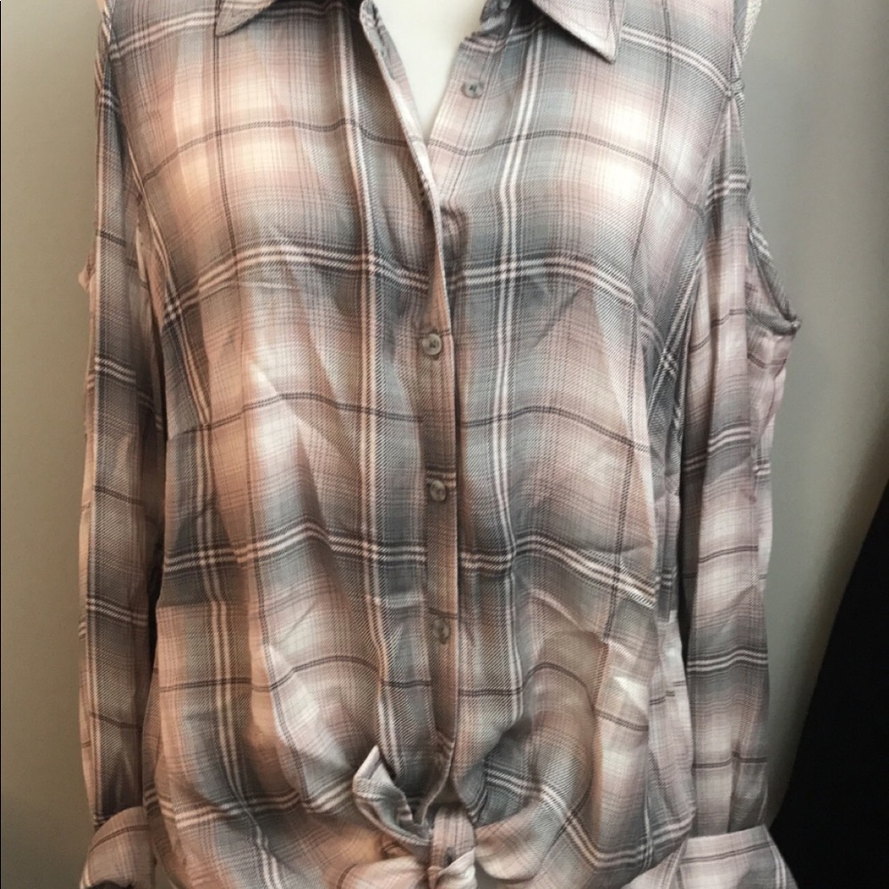 Plaid cold shoulder long sleeve top